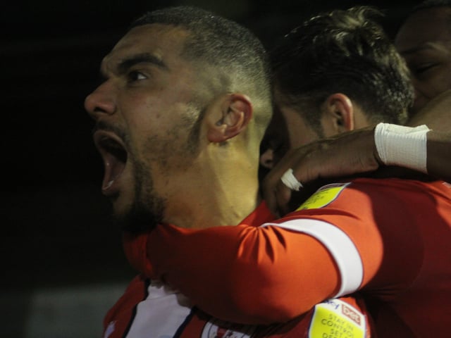 Kwesi Appiah celebrates. Crawley Town v Newport County - picture by Cory Pickford SUS-211124-095715004