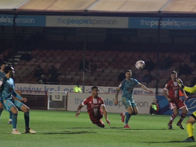 Kwesi Appaih scores. Crawley Town v Newport County - picture by Cory Pickford SUS-211124-095625004