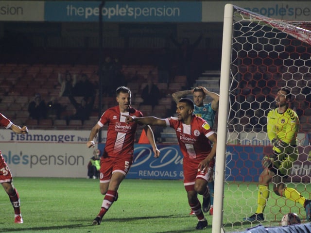 Kwesi Appiah after scoring. Crawley Town v Newport County - picture by Cory Pickford SUS-211124-095639004
