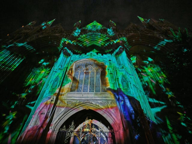 The Angels Are Coming light show at Peterborough Cathedral. EMN-211124-202406009