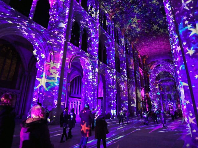 The Angels Are Coming light show at Peterborough Cathedral. EMN-211124-202406009