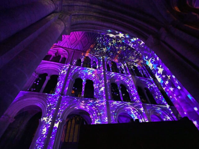 The Angels Are Coming light show at Peterborough Cathedral. EMN-211124-202406009