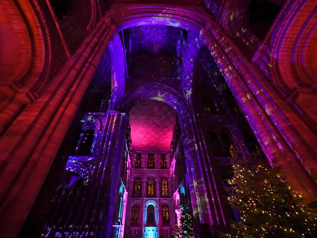 The Angels Are Coming light show at Peterborough Cathedral. EMN-211124-202406009