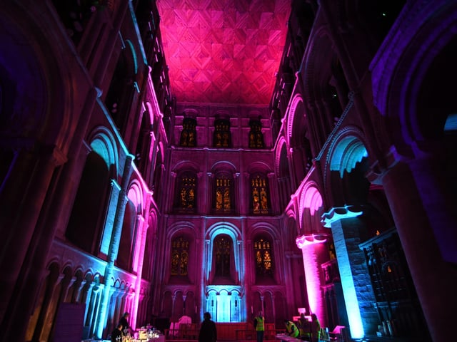 The Angels Are Coming light show at Peterborough Cathedral. EMN-211124-202406009