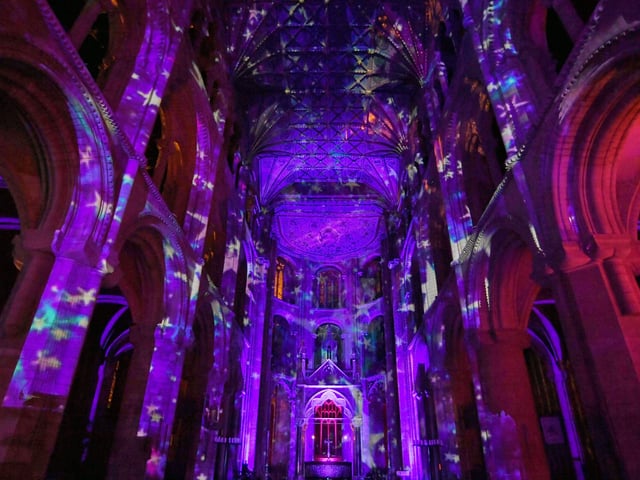 The Angels Are Coming light show at Peterborough Cathedral. EMN-211124-202406009