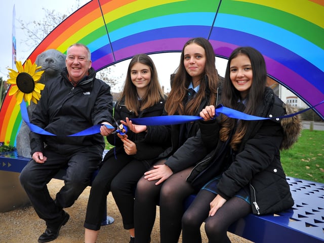 The new sculptural bench is unveiled at Angmering Community Centre. Picture: Steve Robards SR2111243