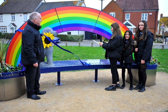 The new sculptural bench is unveiled at Angmering Community Centre. Picture: Steve Robards SR2111243