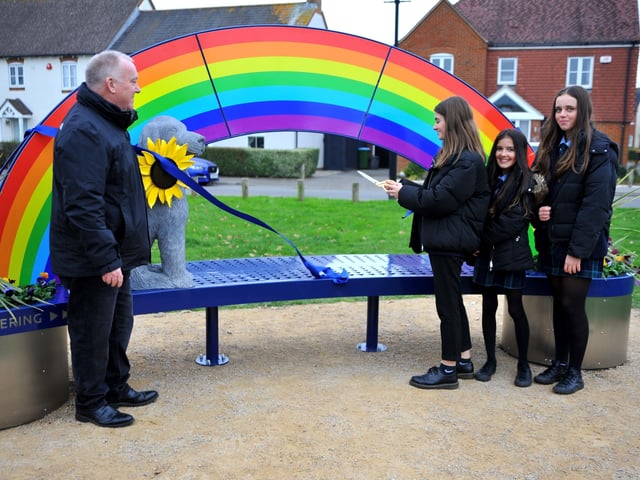 The new sculptural bench is unveiled at Angmering Community Centre. Picture: Steve Robards SR2111243