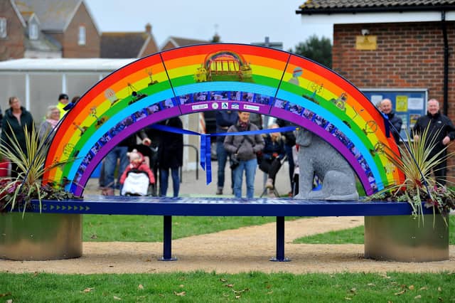 The new sculptural bench is unveiled at Angmering Community Centre. Picture: Steve Robards SR2111243