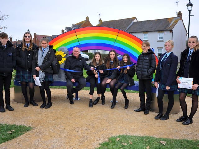 The new sculptural bench is unveiled at Angmering Community Centre. Picture: Steve Robards SR2111243
