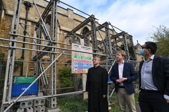 MP for Peterborough Paul Bristow visiting All Soul's church, Park Road to launch an appeal for funds to stop subsidence  with Father Adam Sowa and parish council chairman Angelo Cuenca EMN-211119-144759009