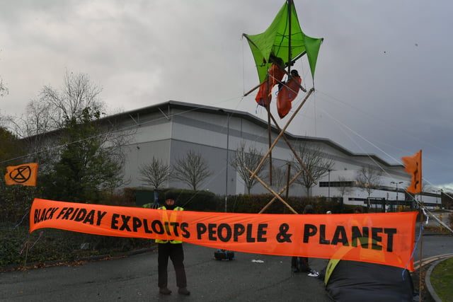 Extinction Rebellion activists outside the Amazon Fulfiment centre in Peterborough on Black Friday.