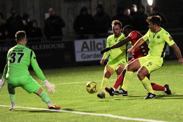 Action from Worthing's 2-0 home defeat to Dorking Wanderers in the FA Trophy / Pictures: Stephen Goodger