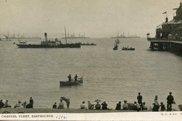 Channel Fleet, Eastbourne. Visitors at the Queen'sHotel would have had a great view of the 1st Battle Cruiser Squadron arriving at Eastbourne in 1914. The fleet saw action at the Battle of Jutland in 1916. SUS-140304-105343001