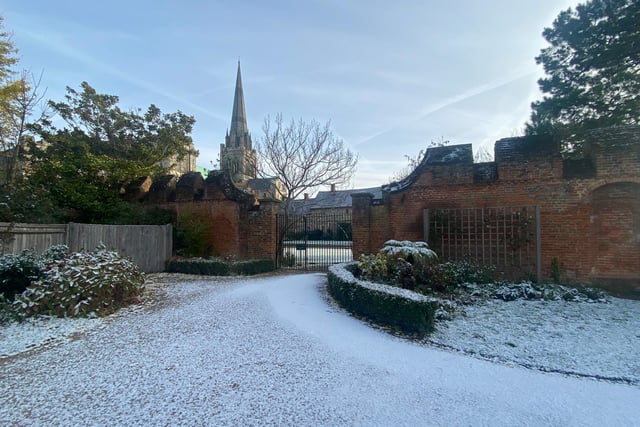 A snowy Bishop's Palace Gardens