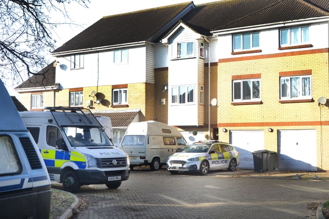 Police searching an address in Squirrel Close, St Leonards. SUS-211129-134844001