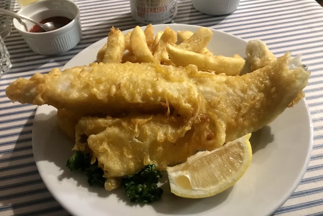 Cod and chips at Maggie's Fish & Chips in Hastings Old Town fishing quarter.