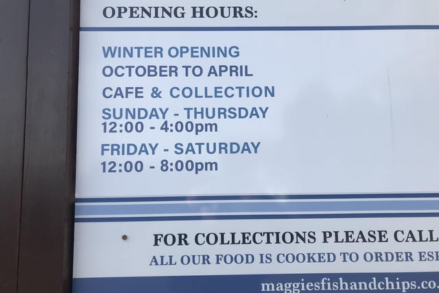 Winter opening times at Maggie's Fish & Chips in Hastings Old Town fishing quarter.