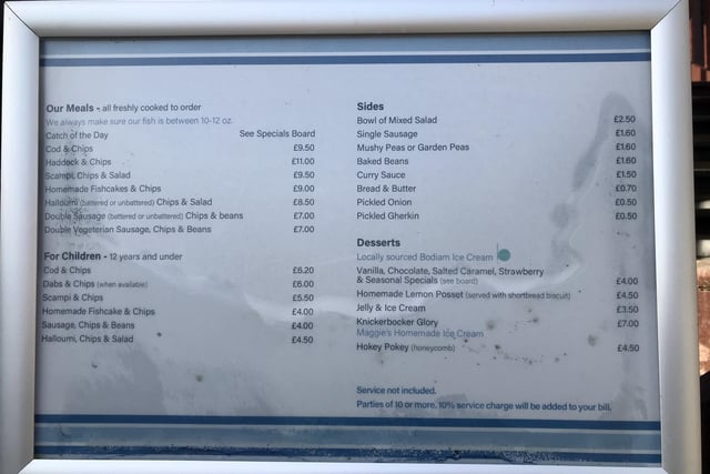 Menu at Maggie's Fish & Chips in Hastings Old Town fishing quarter.