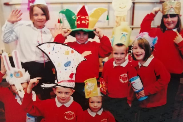 Children from Highfields Primary School - Glennis' school -  on the first Crazy Hats Day