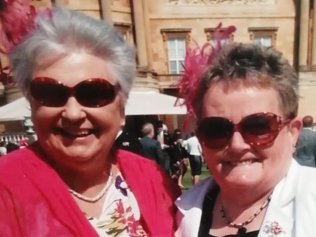 All dressed up, together with my best friend (and right arm of Crazy Hats) to meet the Queen again having been invited to her garden party!