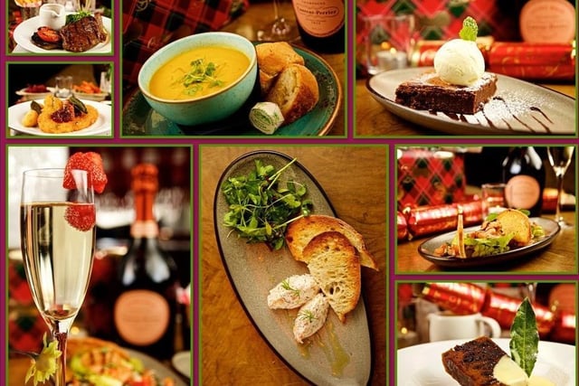 A collage of some of the dishes on The Hatton Arms' Christmas Fayre menu.
