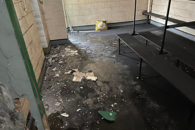Inside the damaged changing rooms.
