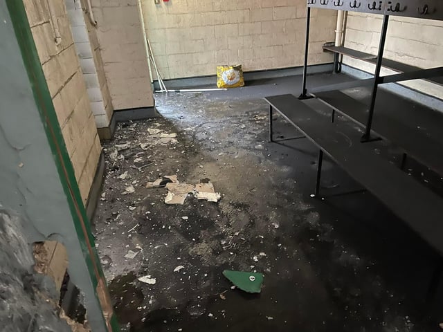 Inside the damaged changing rooms.