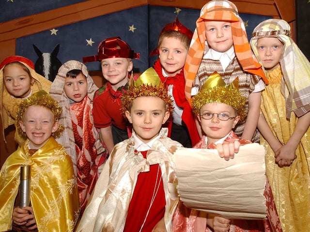 Pupils from Paston Ridings primary school performing in their nativity play. Pictured front are the three kings Jordan Dorling, Bradley Burton and Marcus Molton.