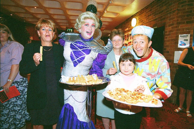 launch of the key theatre
 christmas panto , aladdin
stars with theatre goers l-r jackie beck , irene jackson , polly mazzarella 8 .