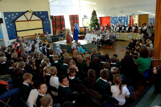 Nativity at Holmbush First School in December 2006 with Rebecca Bushby and Oliver Reid as Mary and Joseph, angels and a band. Picture: Stephen Goodger