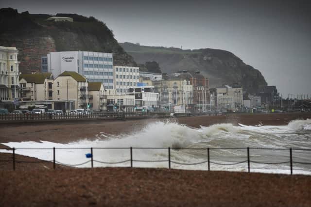 Hastings seafront during high tide as Storm Barra arrived, Dec 7. SUS-210712-131604001