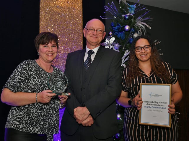 Pride in Peterborough Awards 2021.  Key Worker of the Year winner  Rob Giffen with Mark Edwards and Ashley Bereznyckyj EMN-210712-234648009