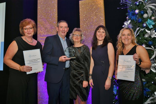 Pride in Peterborough Awards 2021.  Sponsor Rebecca Stephens with winners of the  Best Virtual Class David Long and Ruth Brinkler-Long with representatives  from  Marshfields School and Annabel Murcott's TaeKwonDo EMN-210712-235210009