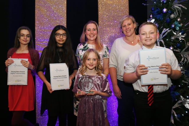 Pride in Peterborough Awards 2021.  Young Hero Award winner Poppy Maxwell with Alfie Harley, Evie Grace Searle and Falak Shezadi and sponsor Rachel Nicholls EMN-210712-235148009