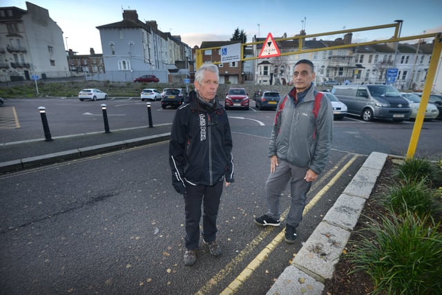 Andrew Grantham, left, and Brian Leite at the entrance to Cornwallis Street Car Park in Hastings. SUS-210812-155746001