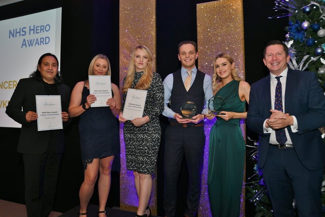 Pride in Peterborough Awards 2021.  NHS Hero Award winners Chloe Spencer and Ben Hawkin with sponsor Ross Renton and the other finalists EMN-210712-234807009