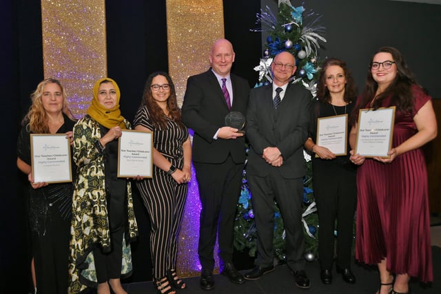 Pride in Peterborough Awards 2021.  Star Teacher Award winner  Mike Schofield with Mark Edwards and  other finalists. EMN-210712-234744009