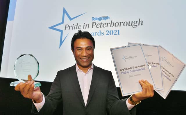 Pride in Peterborough Awards 2021. Zillur Hussain with his awards EMN-210712-234519009