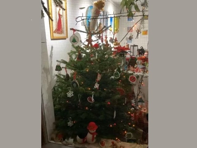 Handcrafted decorations for the tree in Open Door's window display