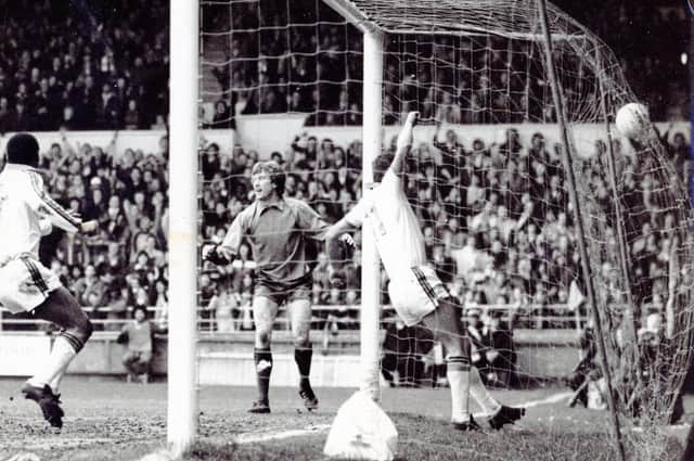 David Moss scores the first goal of the game against Fulham back in 1980 - pic: Hatters Heritage
