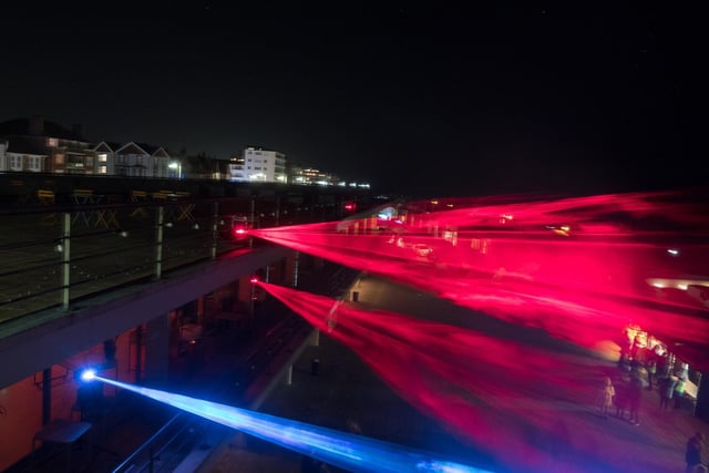 Laser and light show at the De La Warr Pavilion. Photo by Jeff Penfold. SUS-211213-065914001