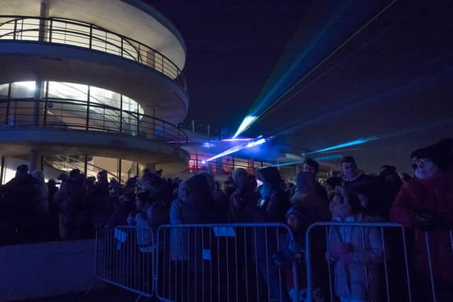 Laser and light show at the De La Warr Pavilion. Photo by Jeff Penfold. SUS-211213-065924001