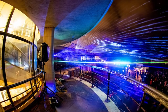 Laser and light show at the De La Warr Pavilion. Photo by Sara-Louise Bowrey. SUS-211214-082311001