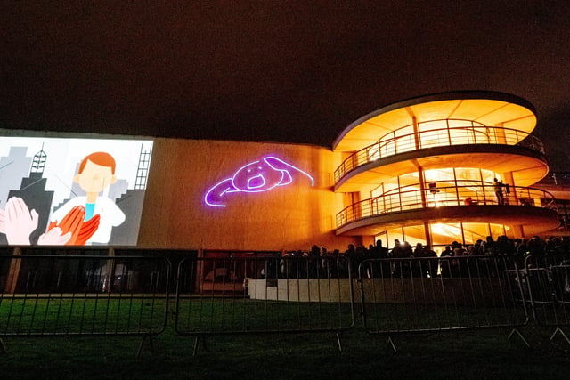 Laser and light show at the De La Warr Pavilion. Photo by Sara-Louise Bowrey. SUS-211214-082324001