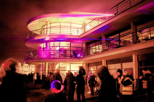 Laser and light show at the De La Warr Pavilion. Photo by Sara-Louise Bowrey. SUS-211214-082338001