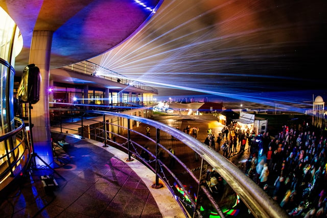 Laser and light show at the De La Warr Pavilion. Photo by Sara-Louise Bowrey. SUS-211214-082438001