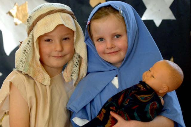 Rebekah Drew and Charlie Turner as Mary and Joseph in Field Place First School's Nativity in 2008. Picture: Stephen Goodger W49216H8