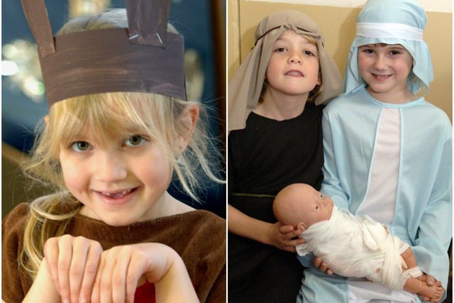 Lucy Clarke playing a donkey at Field Place First School, left, with Annabel Light and Theo Beard as Mary and Joseph at Elm Grove Primary School in 2008. Pictures: Stephen Goodger W49220P8 and Gerald Thompson W49116P8