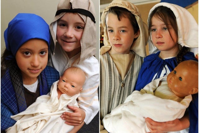 Eden Pailthorpe-Peart and Taylor Seymour as Mary and Joseph at Thomas A Becket First School, left, and Jonah Gilbert and Maddison Smith as Mary and Joseph at Goring First School in 2008. Pictures: Stephen Goodger W49299H8 and W49200P8